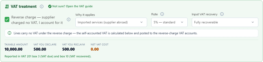 WisoBooks VAT treatment panel on a supplier bill with reverse charge ticked, reason imported services, rate 5% and fully recoverable