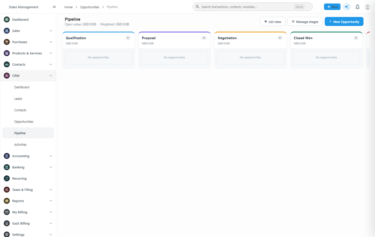 WisoBooks CRM Kanban sales pipeline with Qualification, Proposal, Negotiation and Closed Won stages